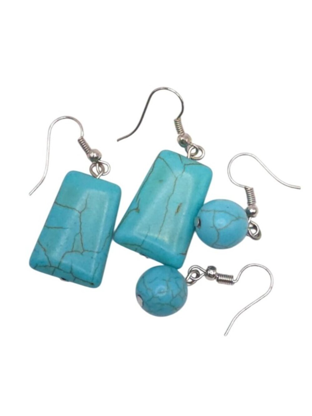 Turquoise Stone Dangle Earrings Set With Rectangular & Round Stone Design - Picture 1 of 4